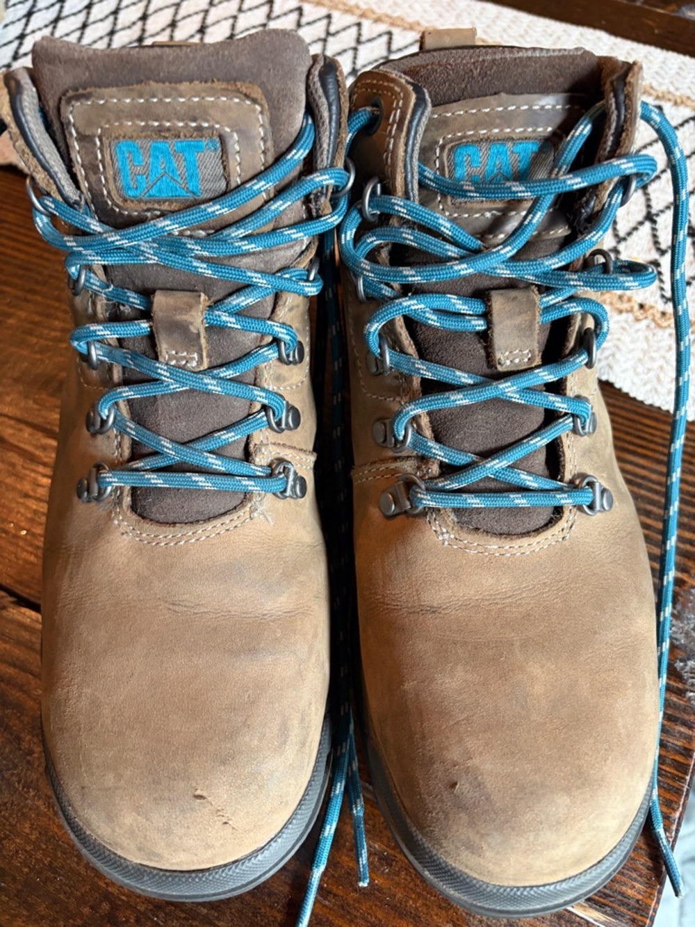 Caterpillar Tan Leather Work Boots with Blue Laces